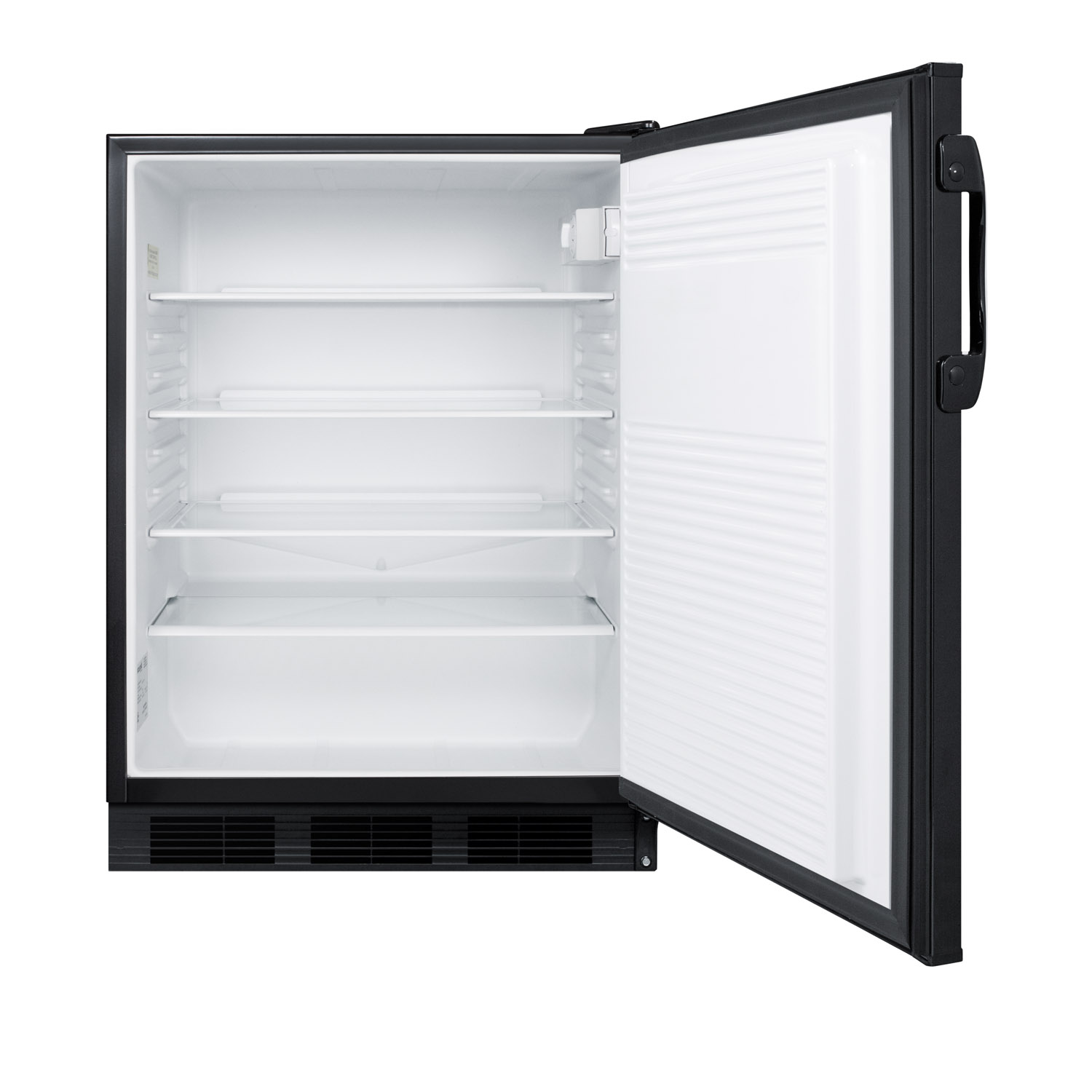 Commercially listed freestanding all-refrigerator for general purpose use, with flat door liner, automatic defrost operation and black exterior